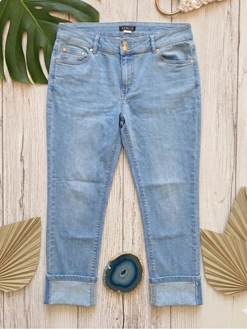 VENUS Women’s Light Wash Cuffed Crop Jeans - Double Button Stretch Denim Capris